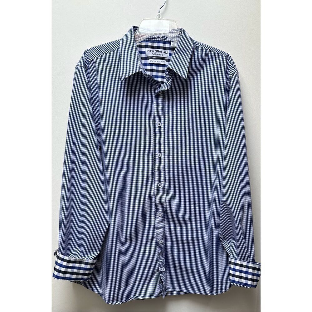 Nick Graham men’s stretch modern fit blue flip cuff shirt size XL TG #29-1298 - Picture 2 of 6